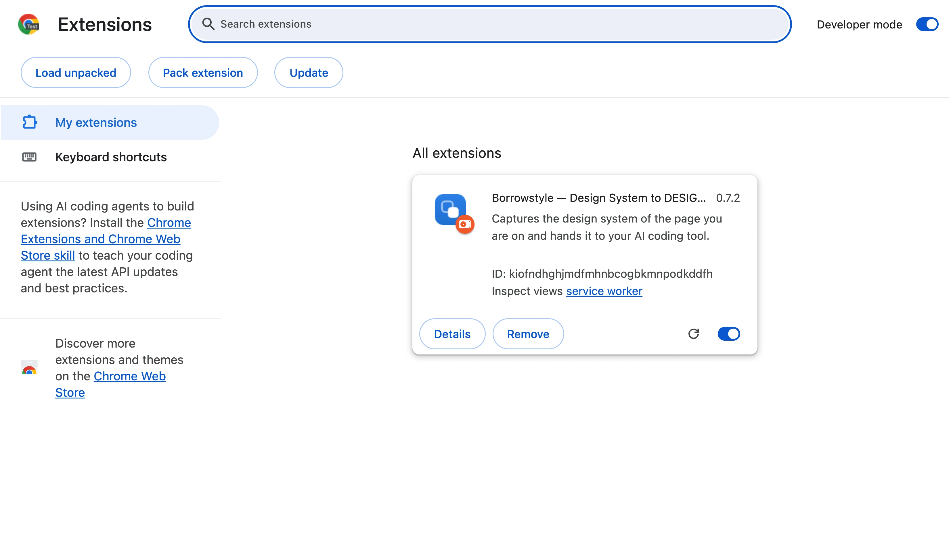 Chrome's Extensions page with Developer mode on and Borrowstyle loaded