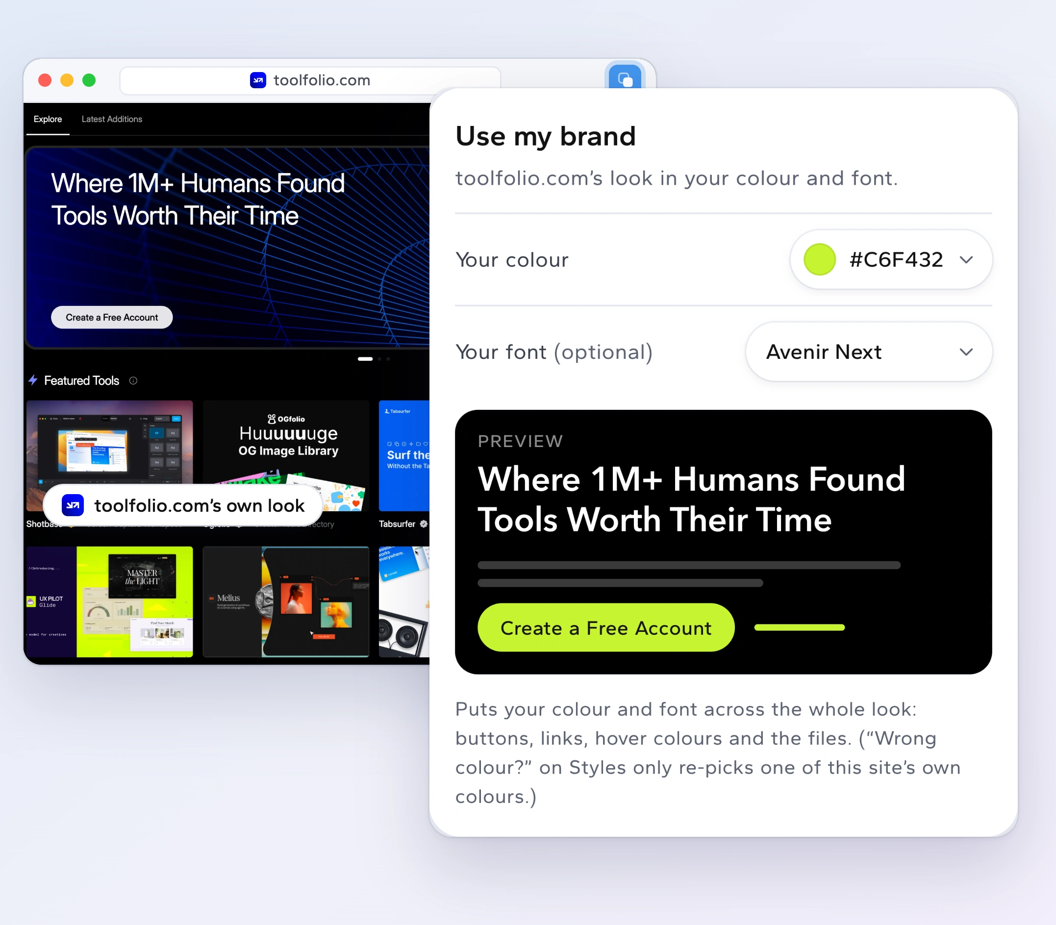 Use my brand: toolfolio.com's own look beside a preview of it in lime #C6F432 and the Avenir Next font