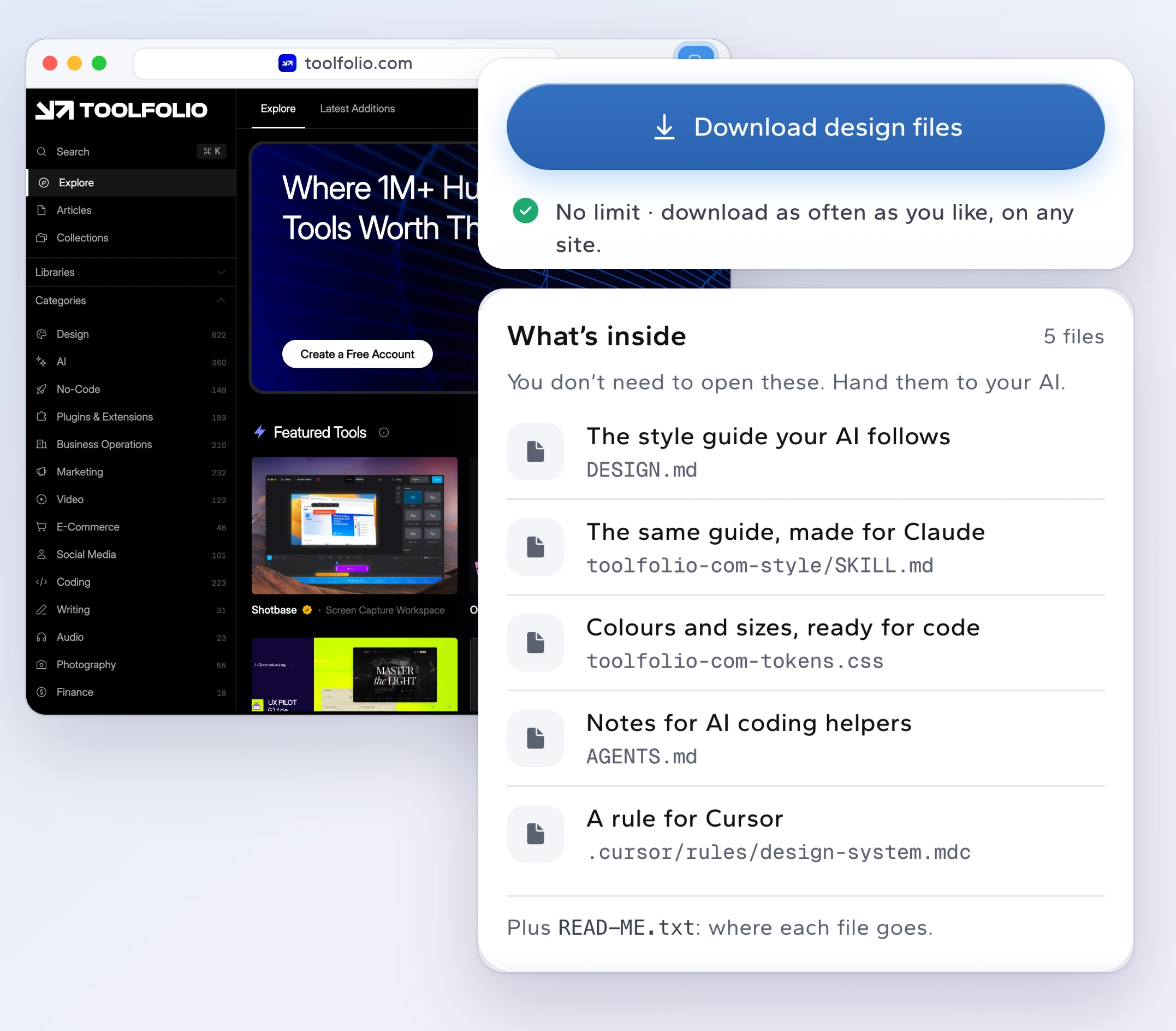 Download design files, no limit, and the 5 files inside: DESIGN.md, a guide for Claude, a colours-and-sizes file, AGENTS.md and a Cursor rule