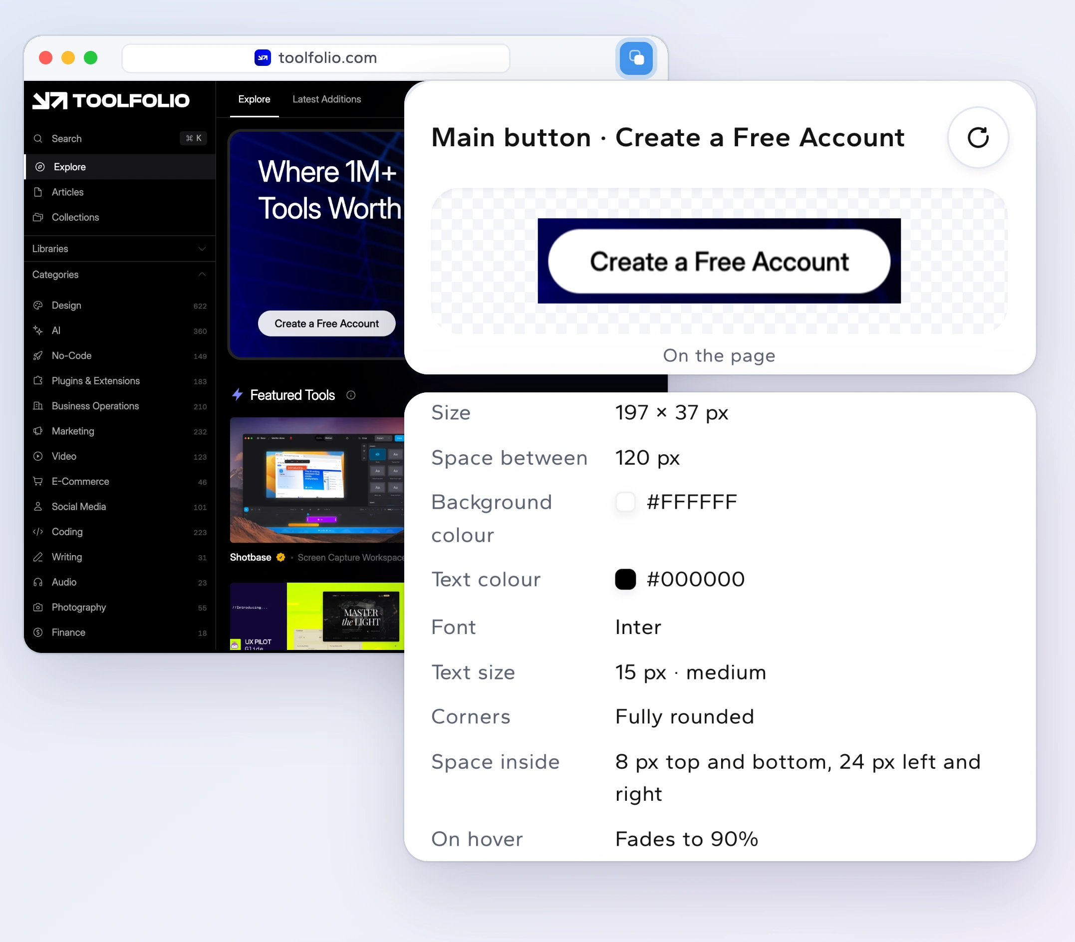 The Inspect tab showing the Create a Free Account button of toolfolio.com: size, font, colours, corners and padding