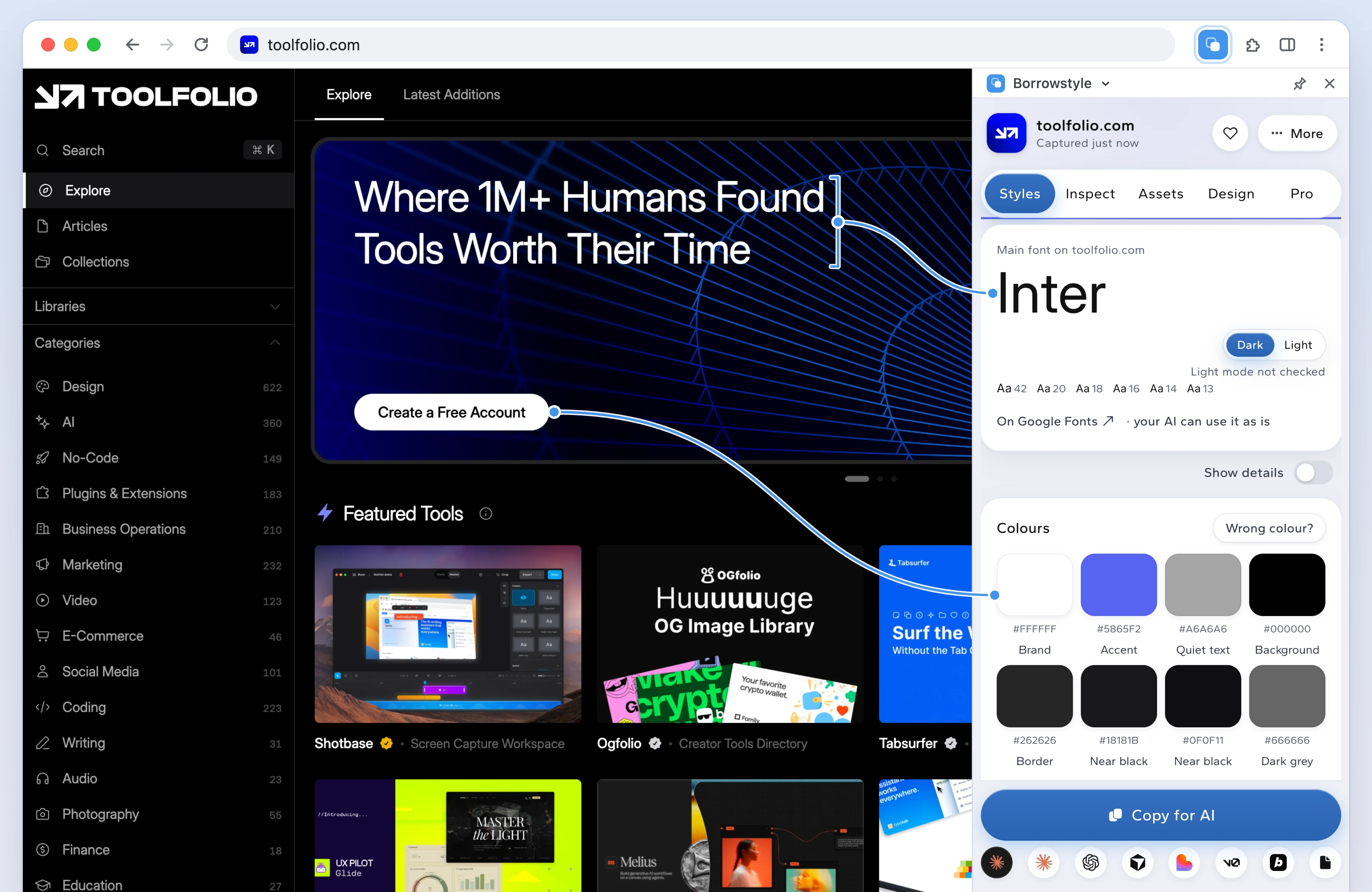 toolfolio.com and the Borrowstyle panel for it. Lines link the site's headline to the font the panel found, Inter, and its white Create a Free Account button to the #FFFFFF Brand colour. The panel ends with the Copy for AI button.