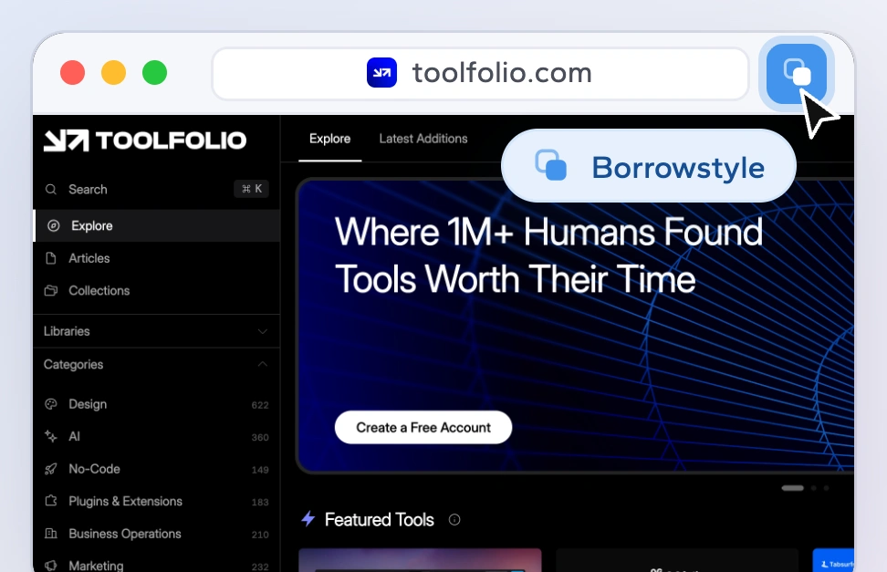 toolfolio.com open in Chrome, with the Borrowstyle icon in the toolbar being clicked