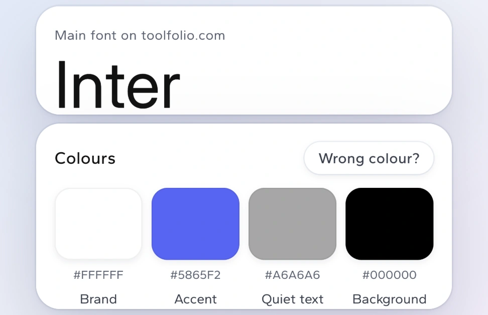 The Borrowstyle panel showing toolfolio.com's main font, Inter, and its colours with their jobs