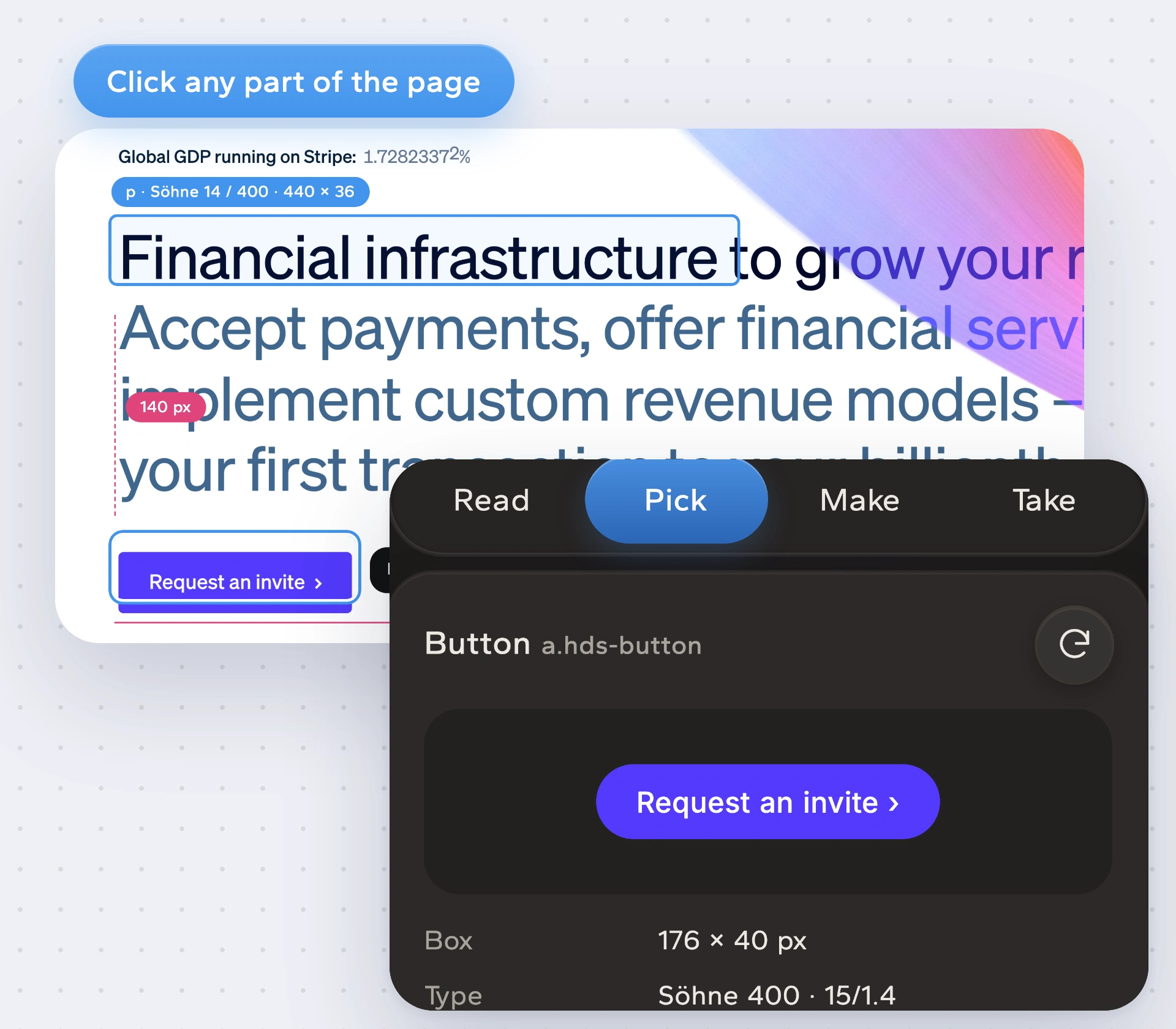 Pick on stripe.com: a heading and button outlined on the page, and the button spec in the panel