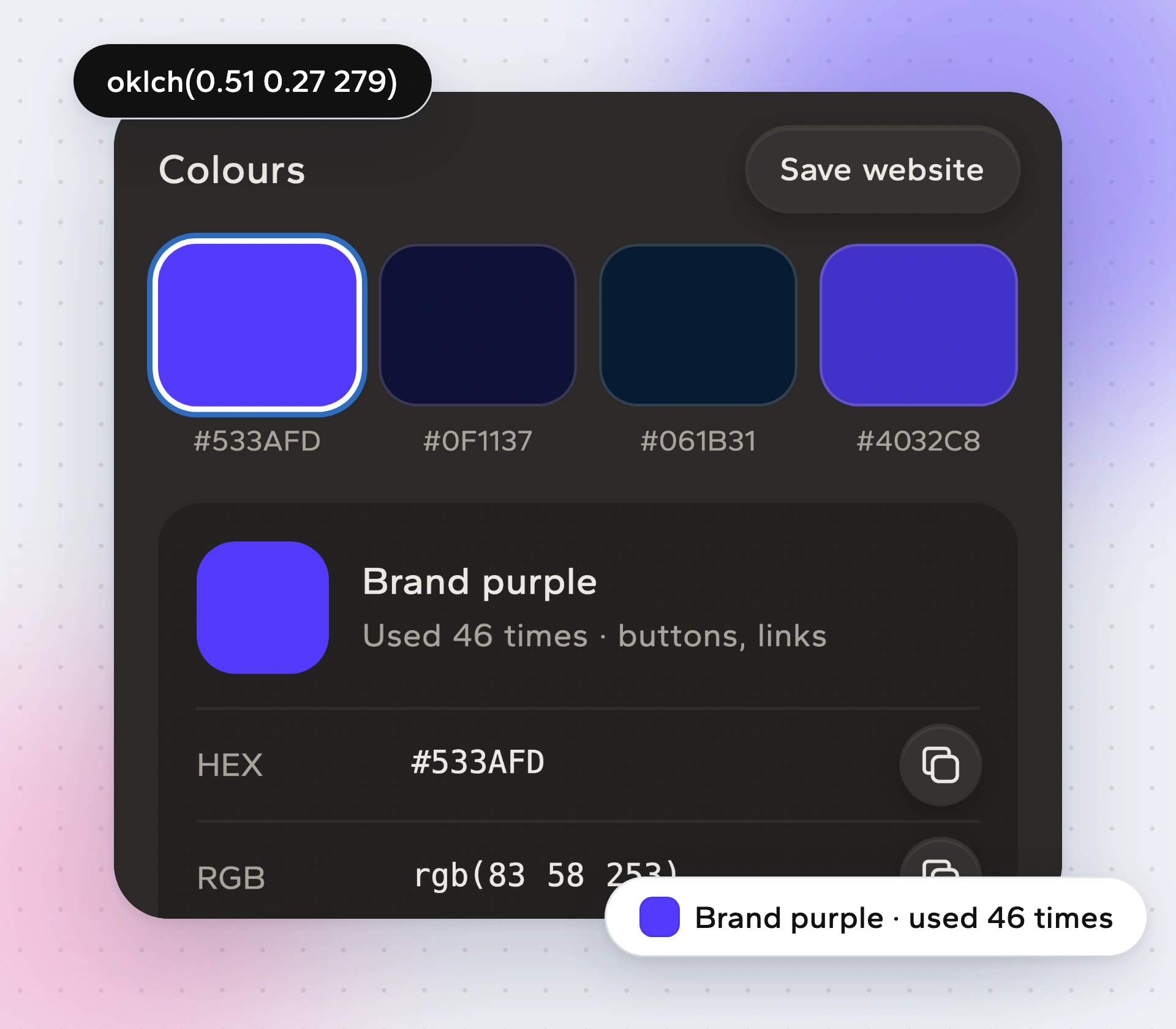 Borrowstyle colour card for stripe.com: Brand purple #533AFD, used 46 times, with HEX and RGB values
